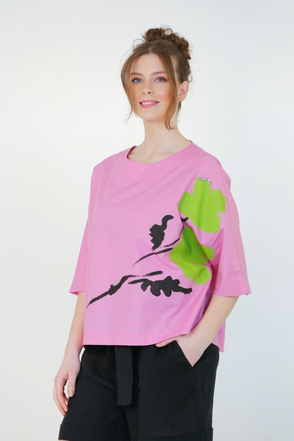 Çiçek Baskılı Taşlı Bluz - Pembe - 3