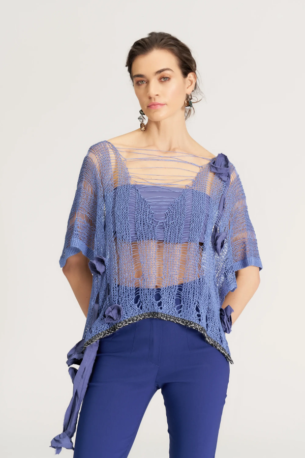 Çiçek Süslü Triko Bluz - Indigo - 1