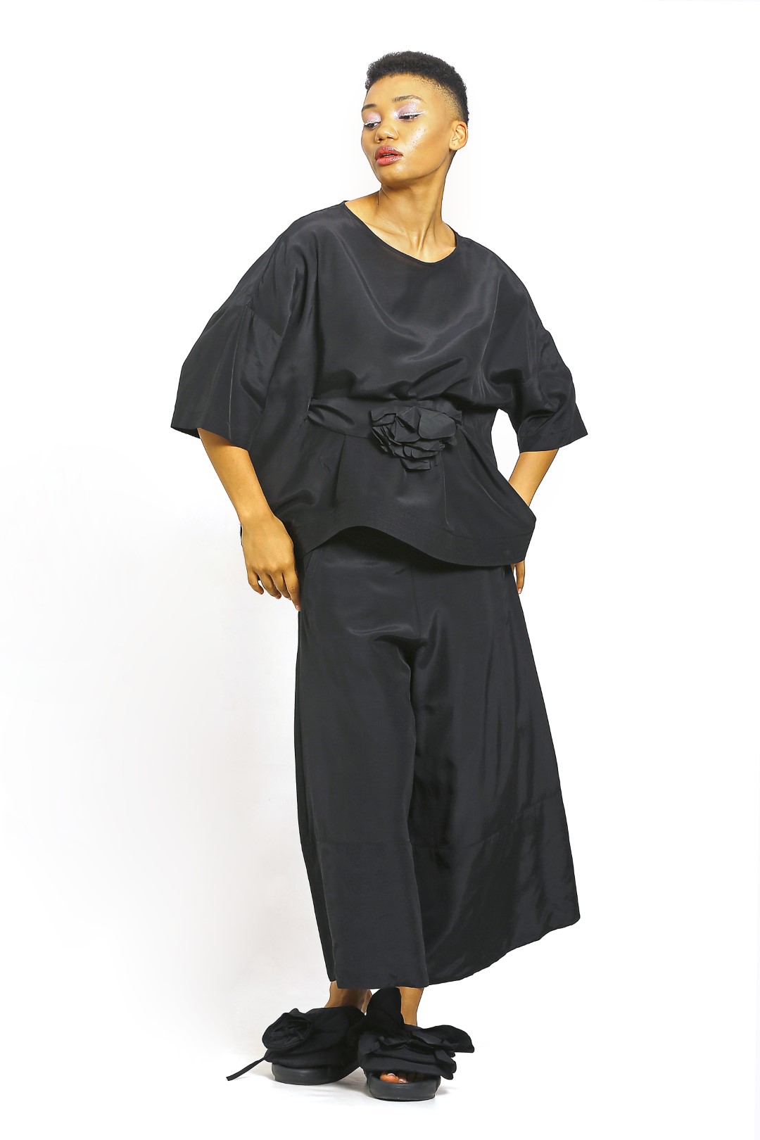 Floral Belted Blouse Black