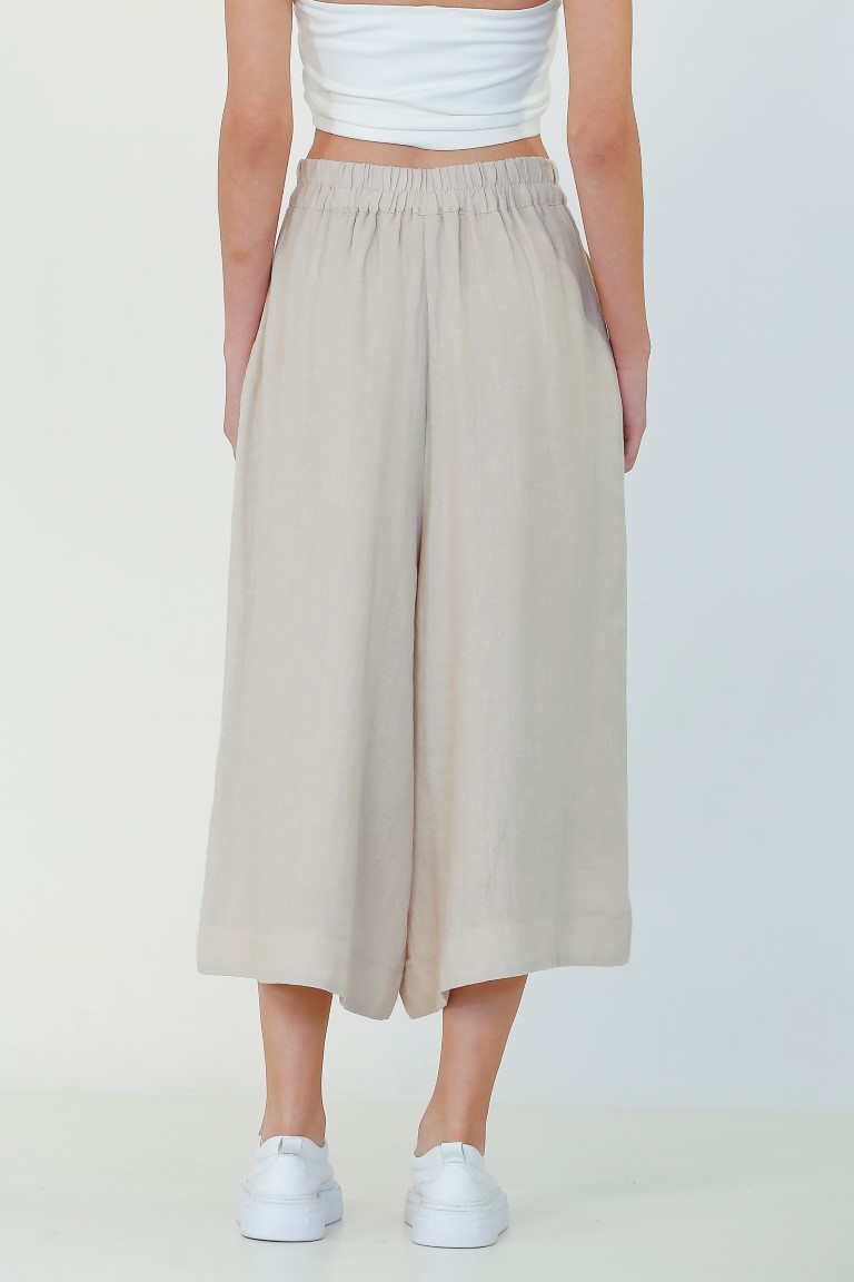 Loose Wide Leg Linen Pants - Beige