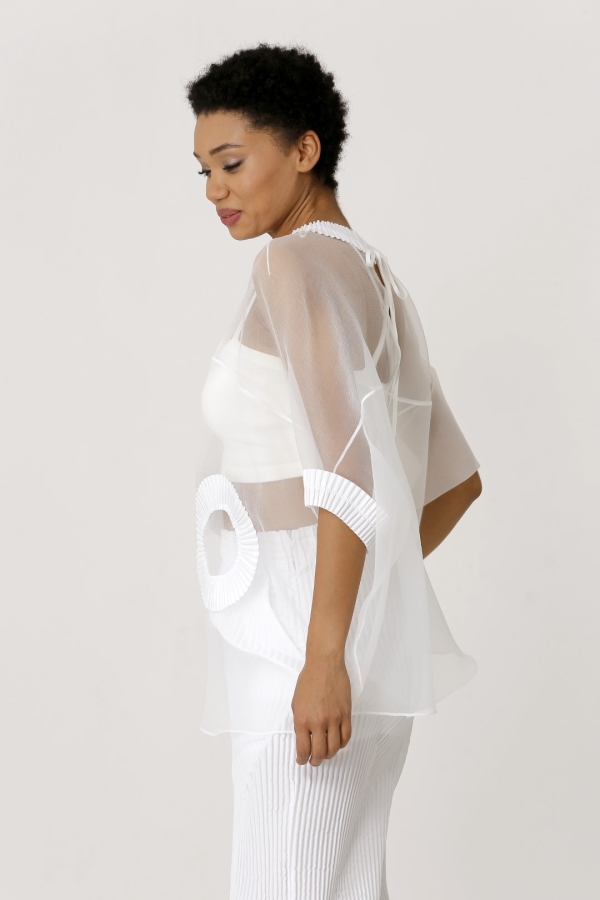 Pilise Tafta Detaylı Organze Bluz - Beyaz - 3