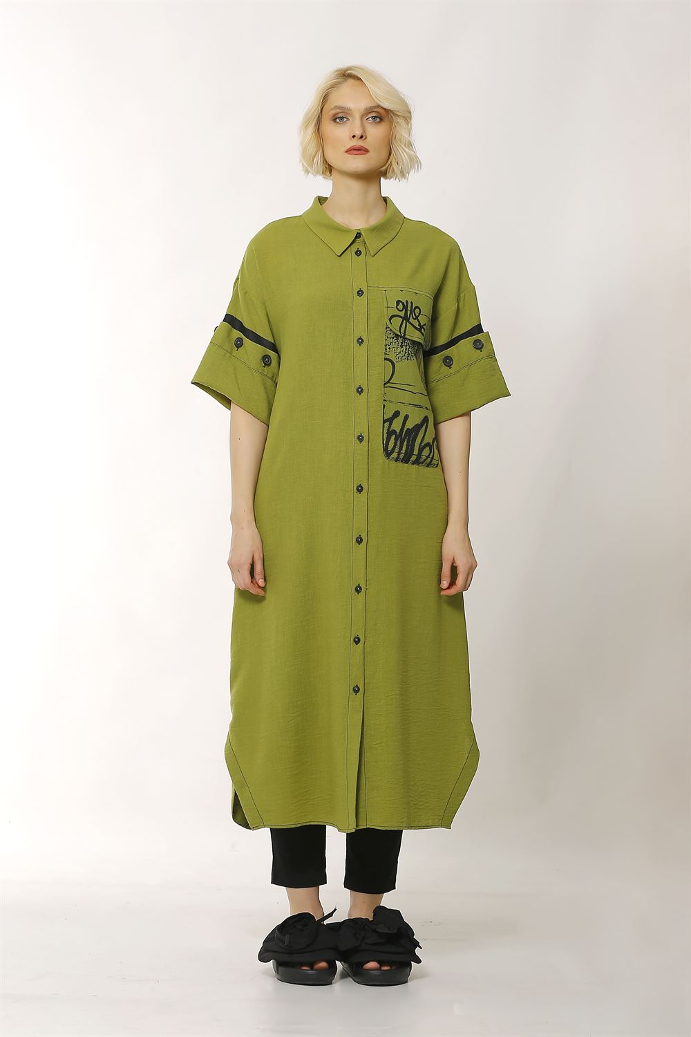 Kol Düğme Detaylı Keten Elbise-Ç.Yeşil