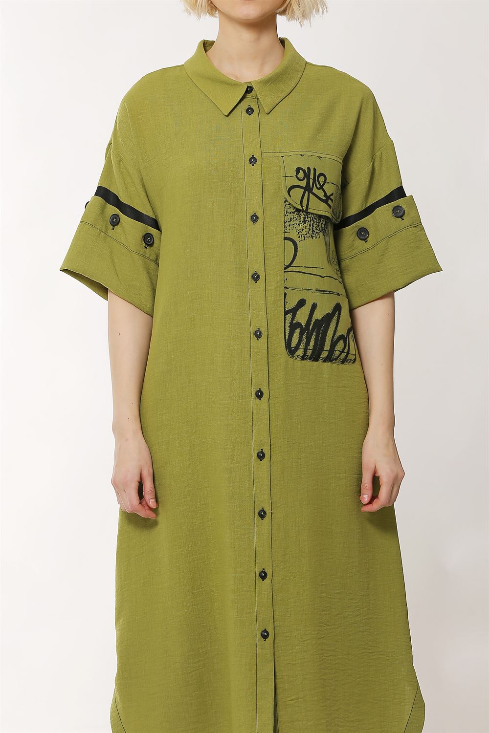Kol Düğme Detaylı Keten Elbise-Ç.Yeşil