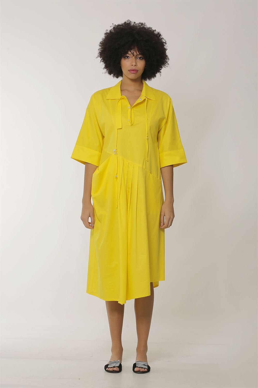 İnci Düğme Detaylı Poplin Elbise-Sarı