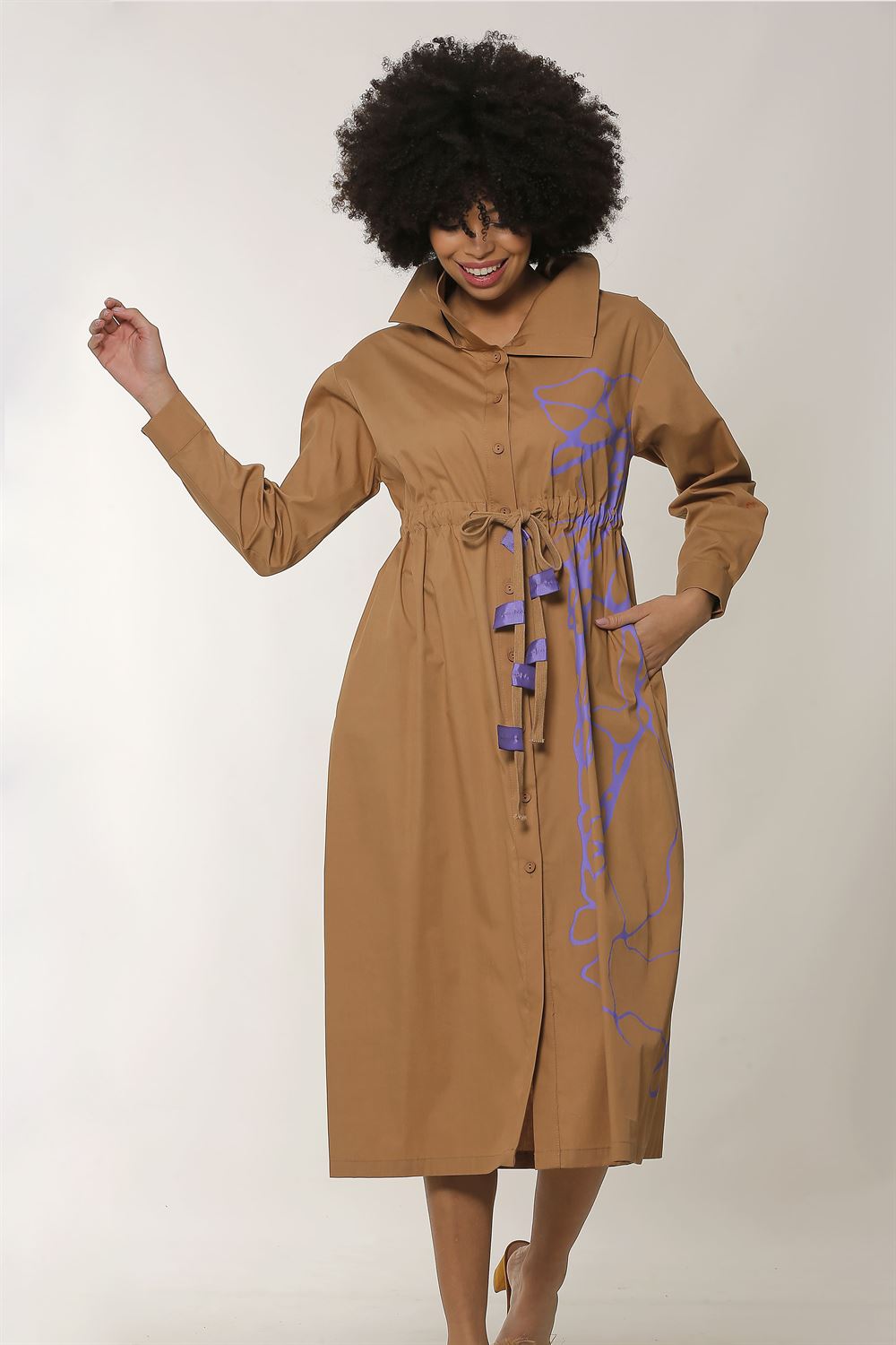 Ceket Yakalı Bağlamalı Poplin Elbise-Camel