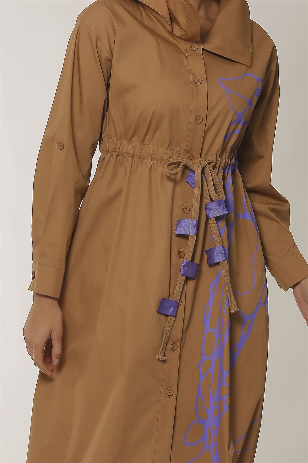 Ceket Yakalı Bağlamalı Poplin Elbise-Camel