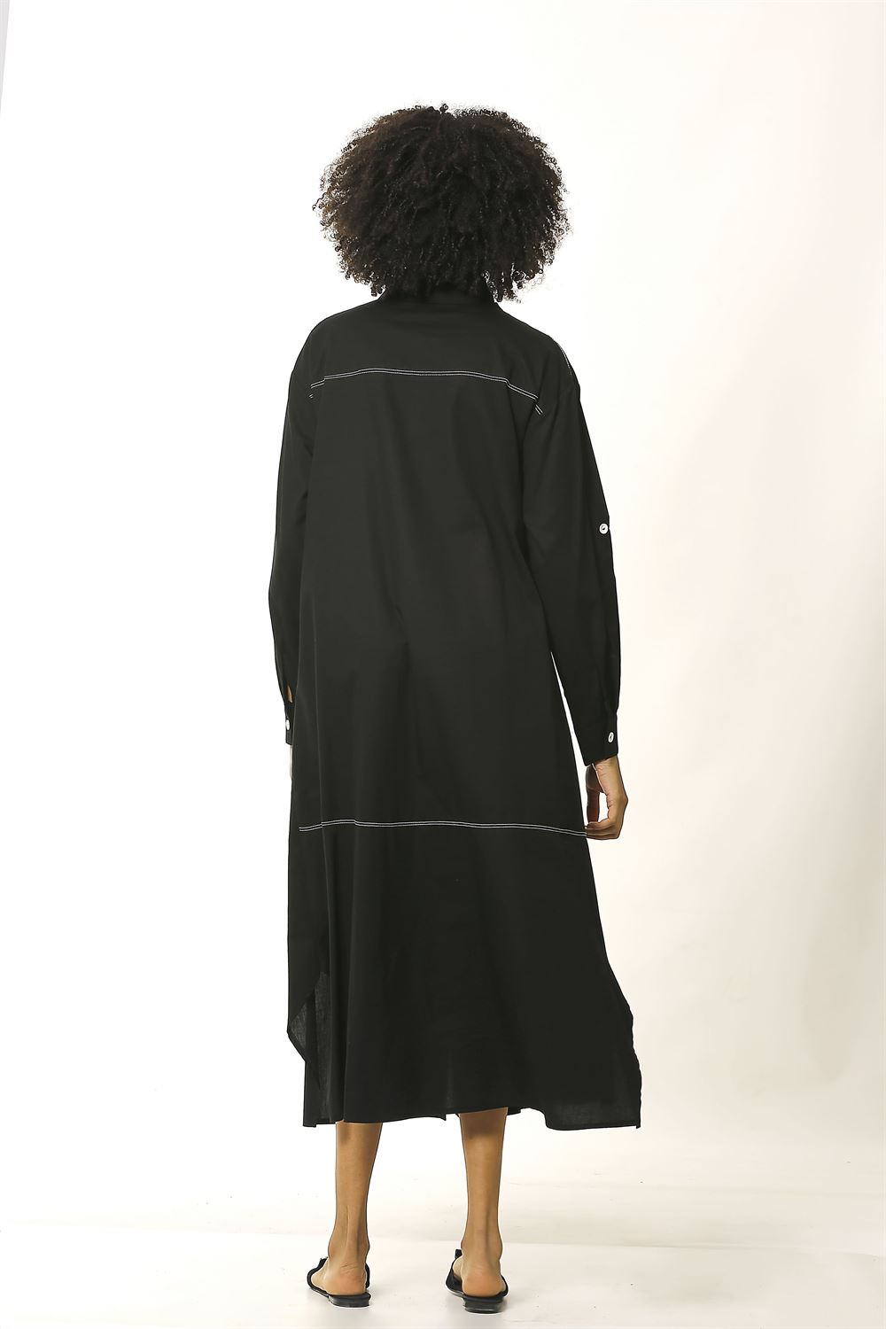 Düşük Omuzlu Poplin Elbise-Siyah
