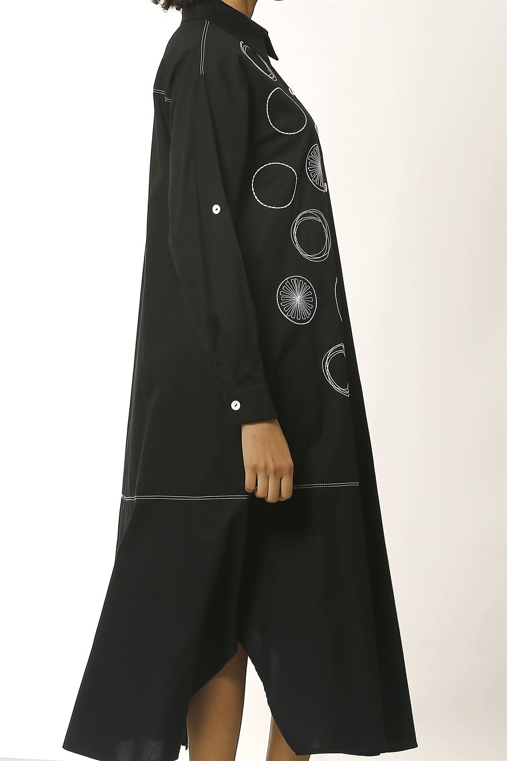 Düşük Omuzlu Poplin Elbise-Siyah