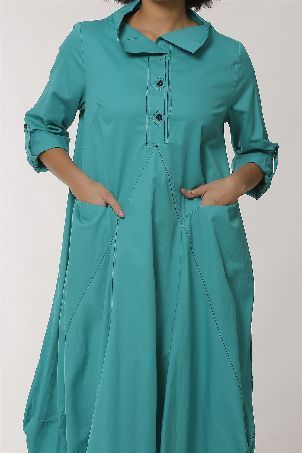 Dik Yakalı Süs Dikişli Poplin Elbise-Yeşil