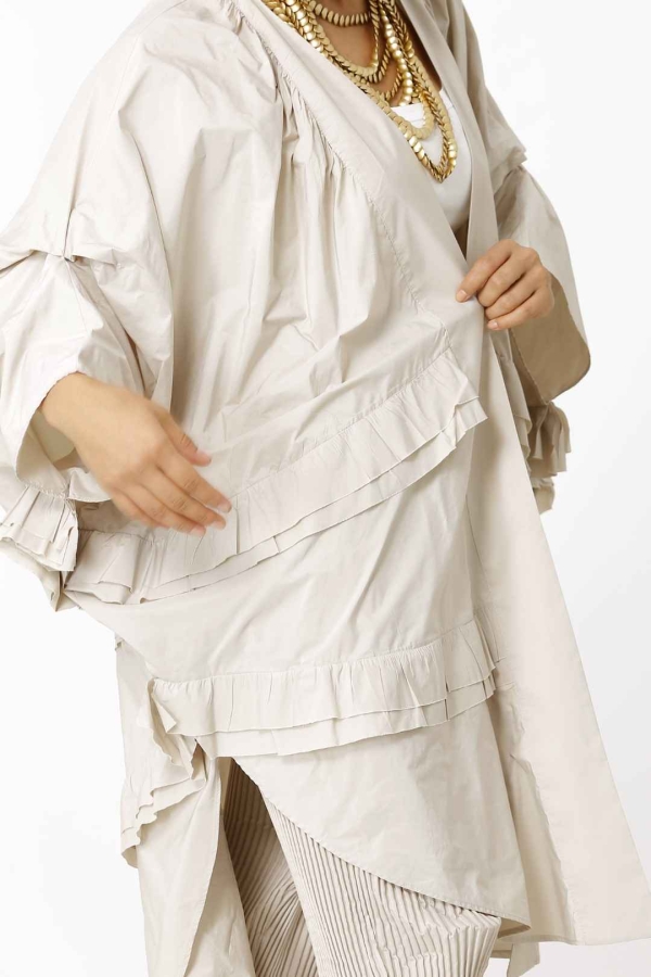 Tafta Fırfırlı Kaftan - Bej - 6