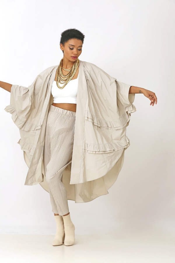 Tafta Fırfırlı Kaftan - Bej - 2