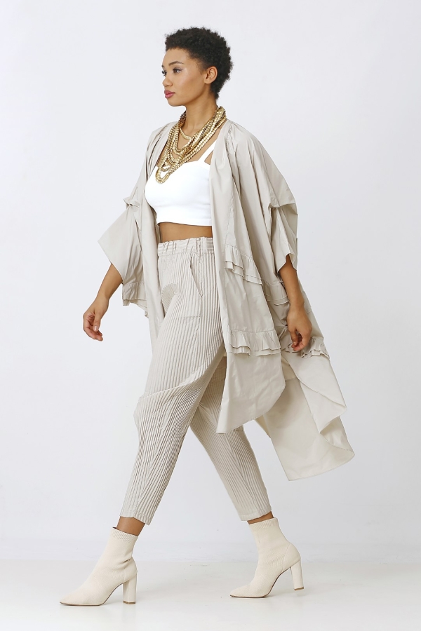 Tafta Fırfırlı Kaftan - Bej - 3