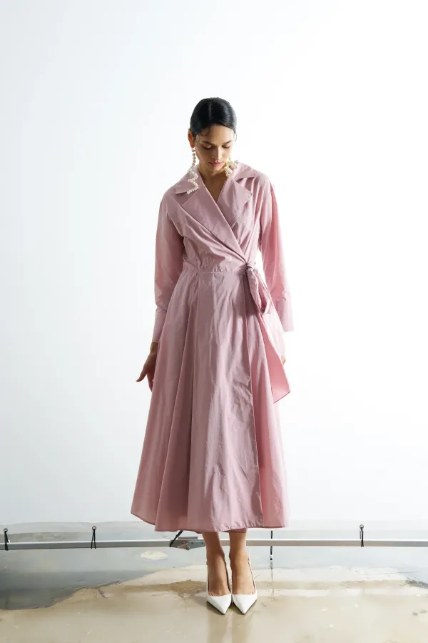 Kruvaze Tafta Elbise - Pembe - 1